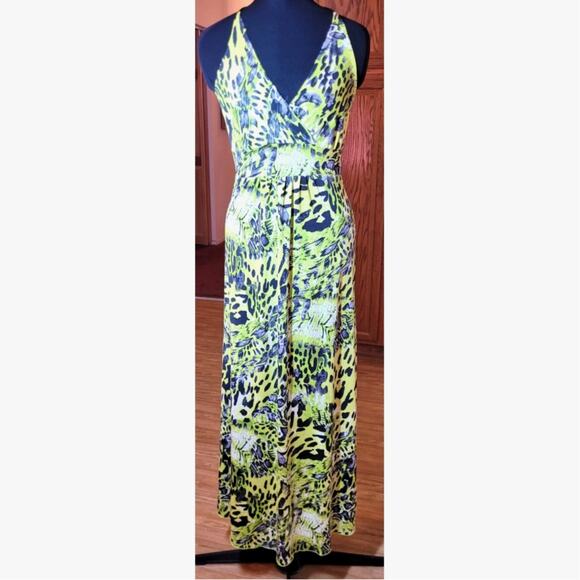 What's Hot Maxi Dress M Lime Green Black Halter Neck Tie Y2K Bold Coastal Beachy - Picture 1 of 9